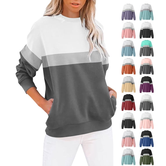 Vmvidoty Women Sweatshirts Colorblock Crew Neck Long Sleeve 2026 Fall Trendy Clothes Sweat Shirts Winter Tops Gray 2XL