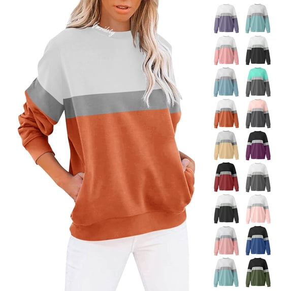 Vmvidoty Women Sweatshirts Colorblock Crew Neck Long Sleeve 2026 Fall Trendy Clothes Sweat Shirts Winter Tops Orange L