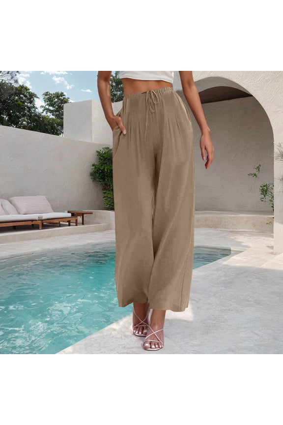 Women Wide Leg Pants High Waist Flowy Casual Loose Fit Trousers for Lounge Travel Daily Office Wear Khaki L