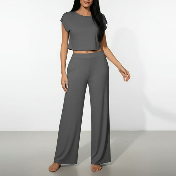 Vmvidoty Women's 2 Piece Outfits Loose Fit Tops Wide Leg Pants Short Sleeve Lounge Matching Sets Sweatsuits Dark Gray L