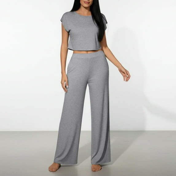 Vmvidoty Women's 2 Piece Outfits Loose Fit Tops Wide Leg Pants Short Sleeve Lounge Matching Sets Sweatsuits Gray S