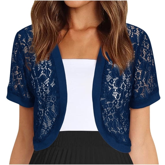 Vmvidoty Women's 2026 Short Sleeve Bolero Shrugs Crochet Lace Open Cardigan Blue L