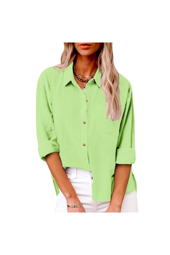 Women's 2026 Summer Solid Color Blouses Dressy Casual 3/4 Sleeve V Neck Going Out Button Down Tops Spring Fashion Clothing Mint Green 3XL