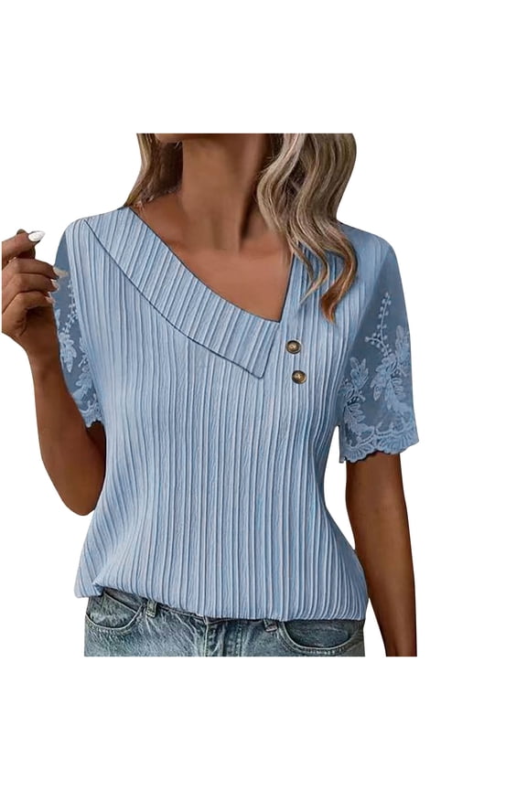 Women's Asymmetrical Neck Tops Cut Out T Shirt with Print Floral Lace Graphic Short Sleeve Blue XL