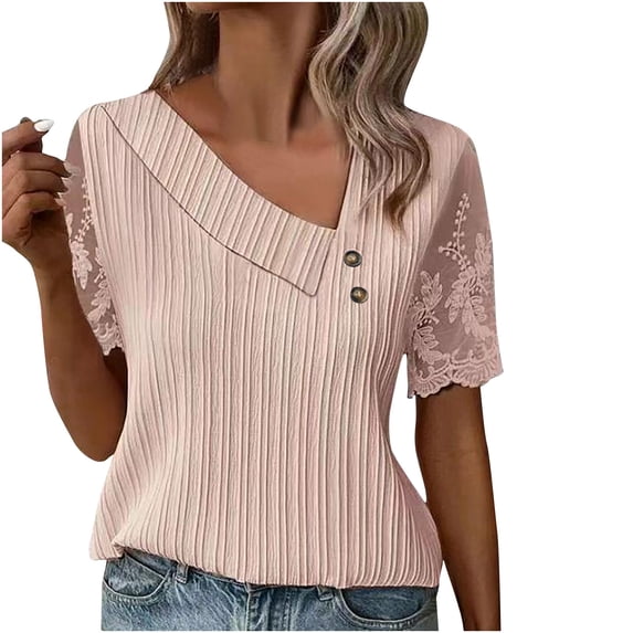 Vmvidoty Women's Asymmetrical Neck Tops Cut Out T Shirt with Print Floral Lace Graphic Short Sleeve Pink L