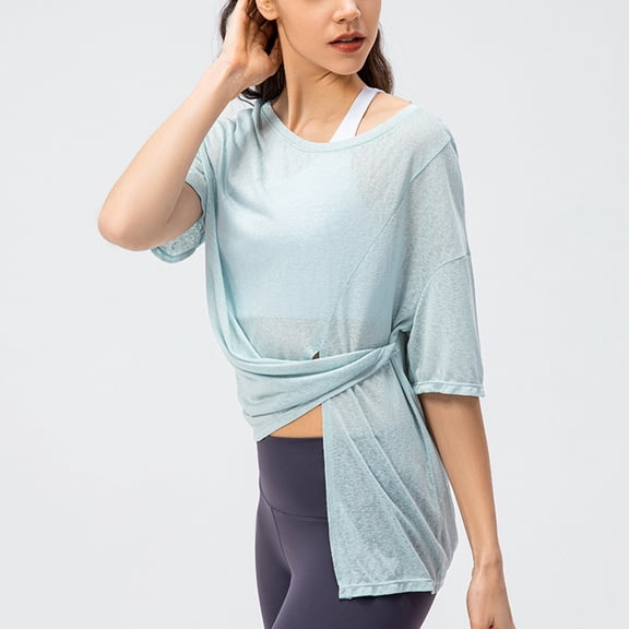 Vmvidoty Women's Athletic Yoga Running Sport T Shirts Workout Top Cover Up Short Sleeve Sheer See Through Split Summer Tee Blouse Blue M