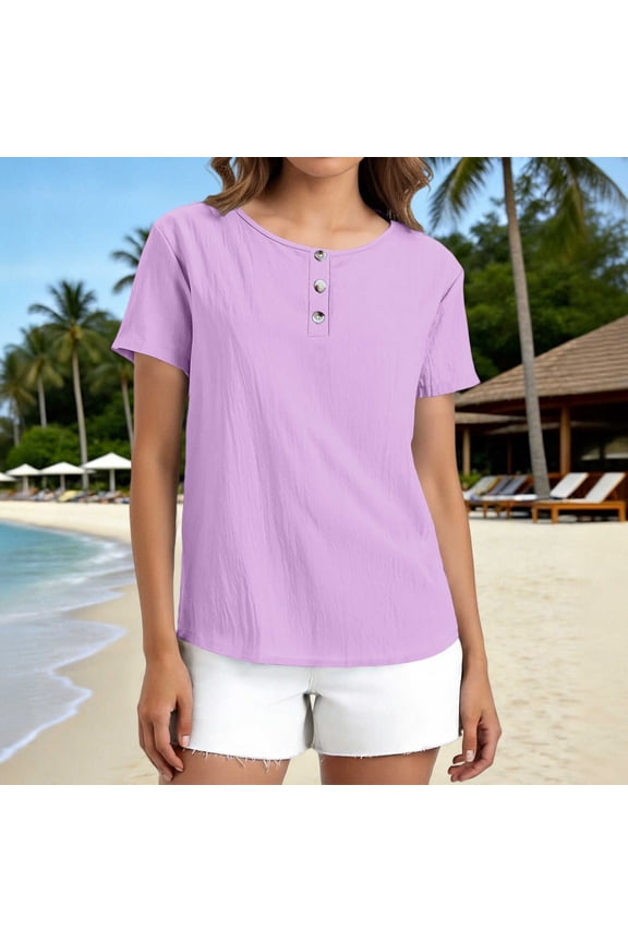 Women's Casual Day Tops Summer Short Sleeve Basic Crew Neck Tunics Purple M