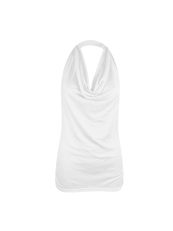 Women's Casual Halter Neck Draped Front Open Back Tank Top White L