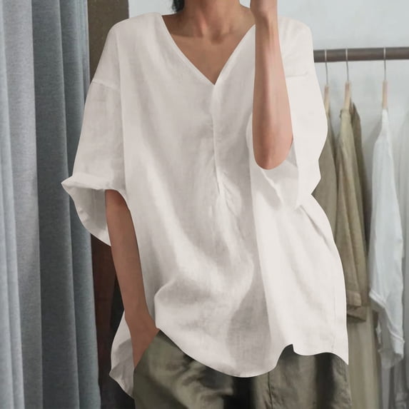 Vmvidoty Women's Casual Linen Cotton Tops Baggy Solid Color Long Sleeve Tee Summer Loose V-Neck Shirt Beige M