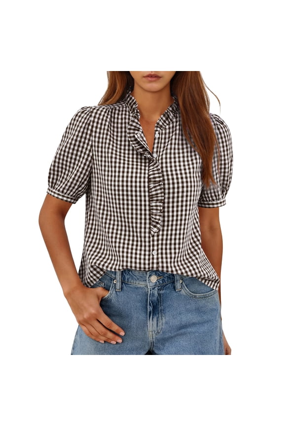 Women's Casual Summer Gingham Tops Button Down Shirts Plaid Short Sleeve Ruffle V Neck Cotton Cute Dressy Casual Ladies Tops Blouses Brown XL