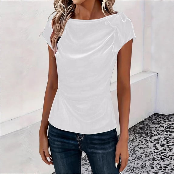 Vmvidoty Women's Casual T-Shirts Short Sleeve Crewneck Summer Stretchy Shirt Textured Tops White L