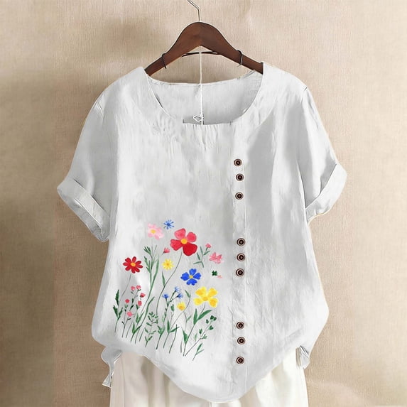 Vmvidoty Women's Cotton Linen Top Spring And Summer Vintage Print Round Neck Short Sleeve Casual Fashion Button T-Shirt White S