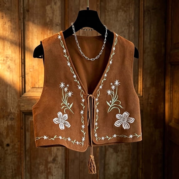 Vmvidoty Women's Cowgirl Vest Western Outfit Linen Vest Embroidered Boho Tops Khaki 2XL