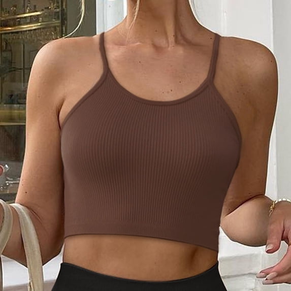 Vmvidoty Women's Crop Seamless Rib-Knit Camisole Strappy Racerback Cropped Tank Tops Brown S
