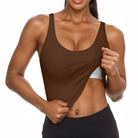 Vmvidoty Women's Double Lined Scoop Neck Tank Top Sleeveless Basic Crop Tops Trendy Going Out Tops Coffee L