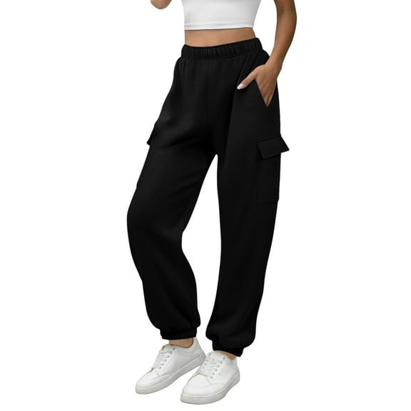 Vmvidoty Women's Fashion Casual Solid Elastic Waist Trousers Long Straight Pants Sweatpants Fleece Joggers Fall Fashion 2025 Black S