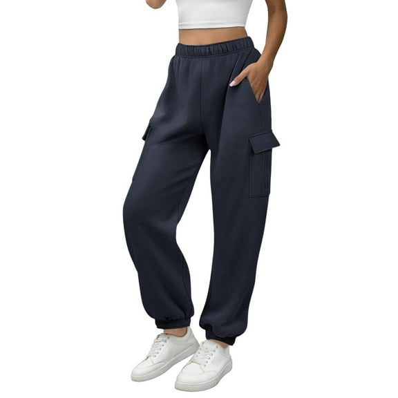 Vmvidoty Women's Fashion Casual Solid Elastic Waist Trousers Long Straight Pants Sweatpants Fleece Joggers Fall Fashion 2025 Navy S