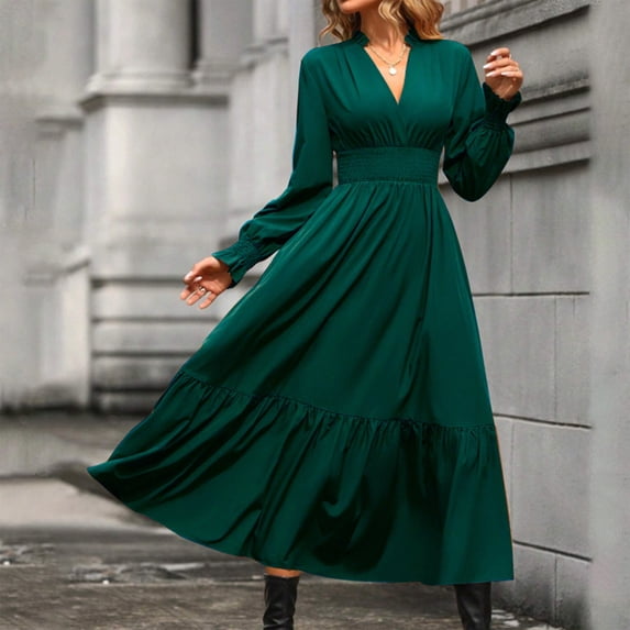 Vmvidoty Women's Floral Boho Dress Wear To Work Wrap V Neck Long Sleeve Belted Ruffle Hem A-Line Flowy Maxi Dresses Green 2XL