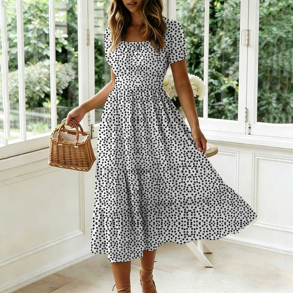 Vmvidoty Women's Floral Boho Maxi Dresses Flowy Short Sleeve A Line Polka Dot Smocked Beach Sundress Summer Vacation Clothes Black S