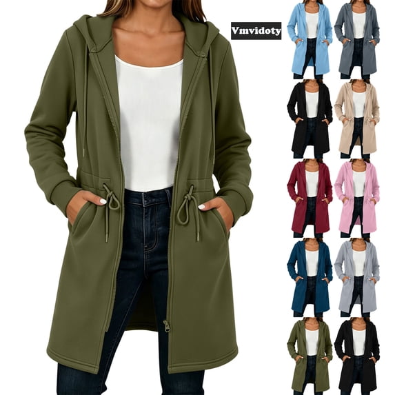 Vmvidoty Women's Long Hooded Sweatshirt Trench Coat Full Zip Drawstring Adjustable Waist Oversized with Pockets Green 2XL
