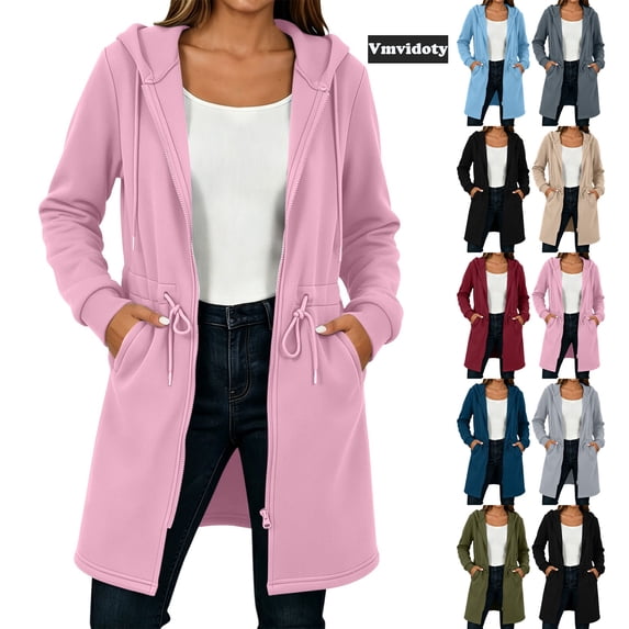 Vmvidoty Women's Long Hooded Sweatshirt Trench Coat Full Zip Drawstring Adjustable Waist Oversized with Pockets Pink XL