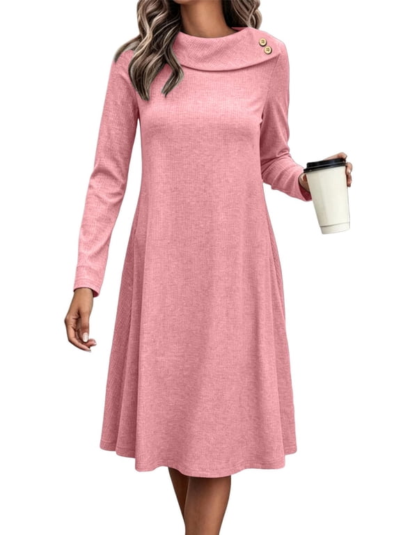 Women's Long Sleeve Relaxed Fit A-Line Midi Dress, Ribbed Knit Stretch Dress, Sizes S-2XL (Pink, M)