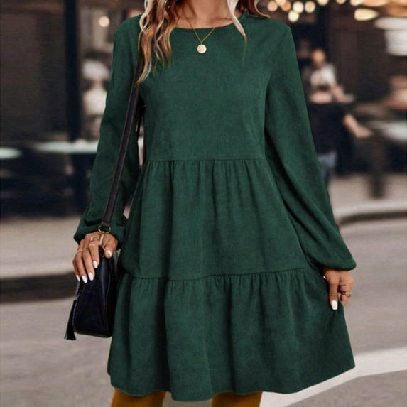 Vmvidoty Women's Mini Dresses Round Neck Long Sleeve 100% Corduroy A Line Short Casual Fall Dresses Green S