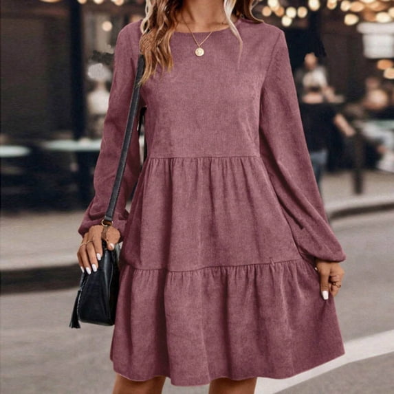 Vmvidoty Women's Mini Dresses Round Neck Long Sleeve 100% Corduroy A Line Short Casual Fall Dresses Pink S