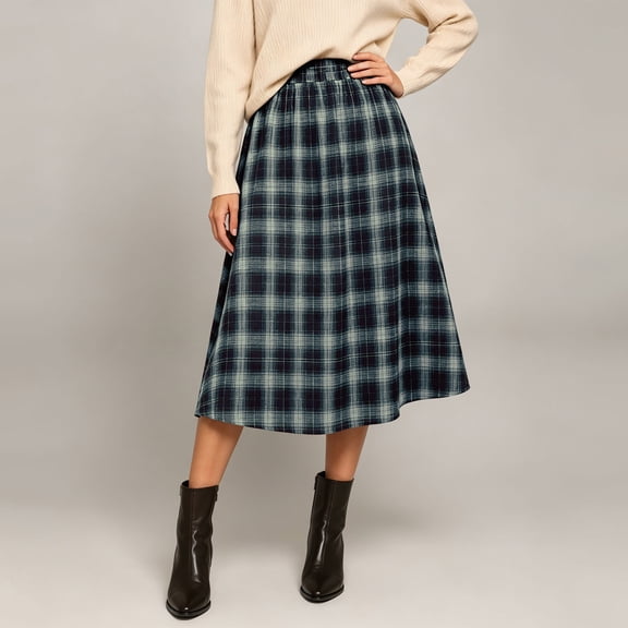 Vmvidoty Women's Plaid High Waist A-Line Midi Skirt, Navy, M