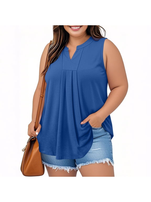Women’s Plus Size Blouse V Neck Tank Tunic Tops Size 2XL-5XL Summer Swing Tee Flowy Shirt Sport Blue 3XL