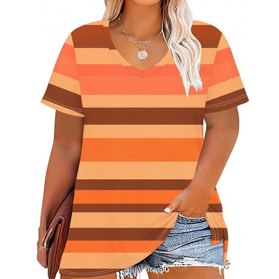 Vmvidoty Women's Plus Size Casual Short Sleeve Crew Neck Striped T Shirts Summer Tops Orange 5XL