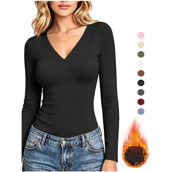 Vmvidoty Women's Plus Size Casual V-Neck Long Sleeve Slim Fit Undershirt, Black