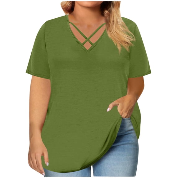 Vmvidoty Women's Plus Size Cut out V neck Top Short Sleeve Base T-Shirt Green XL