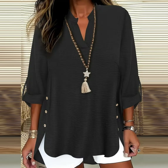 Vmvidoty Women's Plus Size Notched V Neck Long Sleeve Asymmetrical Hem Shirt Top Blouse Black M