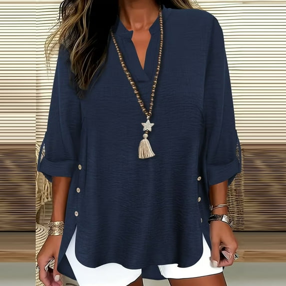 Vmvidoty Women's Plus Size Notched V Neck Long Sleeve Asymmetrical Hem Shirt Top Blouse Navy M
