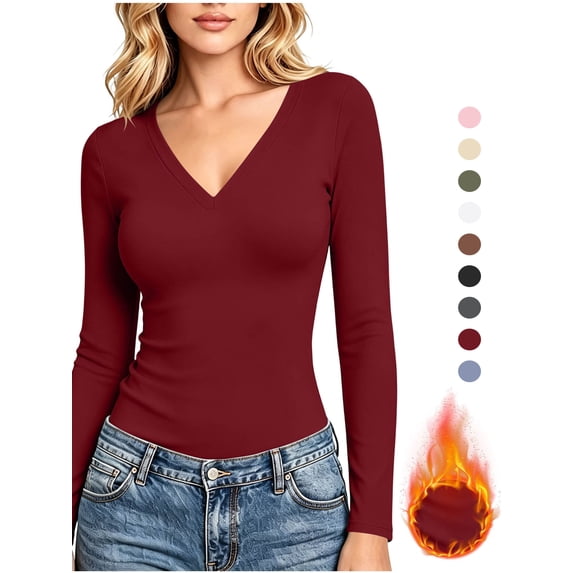 Vmvidoty Women's Plus Size Thermal V-Neck Long Sleeve Slim Fit Fitted Undershirt, Red