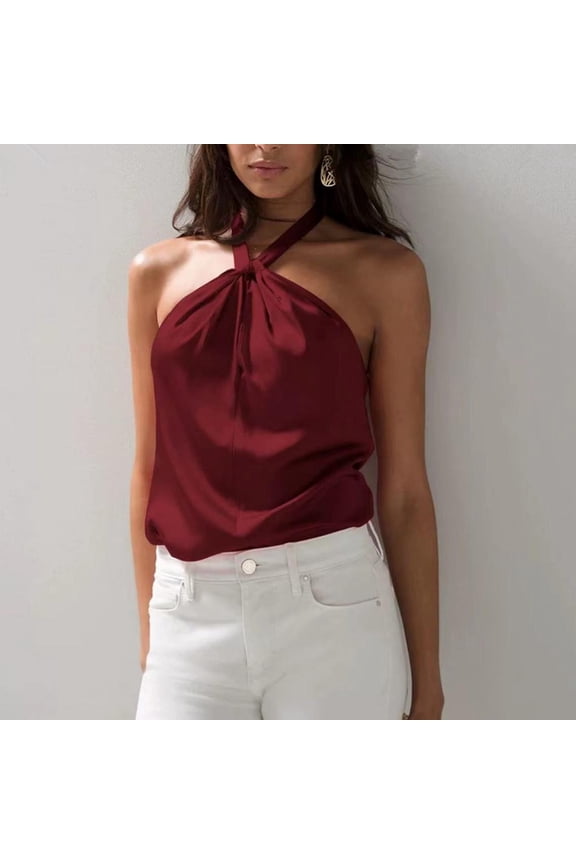 Women's Satin Tank Top Halter Neck Twist Front Keyhole Back Sleeveless Blouse Shirt Top Red XL