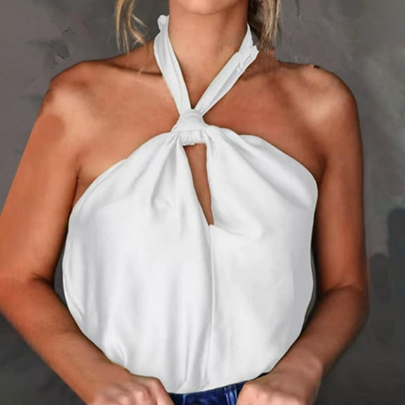 Vmvidoty Women's Satin Tank Top Halter Neck Twist Front Keyhole Back Sleeveless Blouse Shirt Top White XL