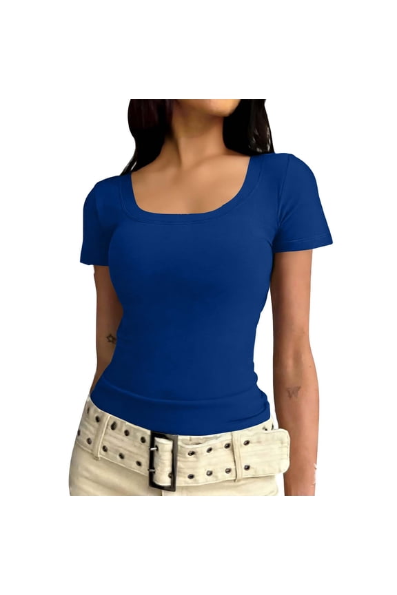 Women's Scoop Neck Ribbed Fitted Shirt Basic Short Sleeves Summer T Shirt Tops Blue M
