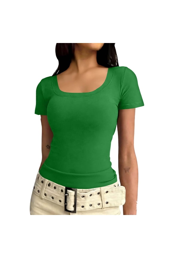 Women's Scoop Neck Ribbed Fitted Shirt Basic Short Sleeves Summer T Shirt Tops Green XXL