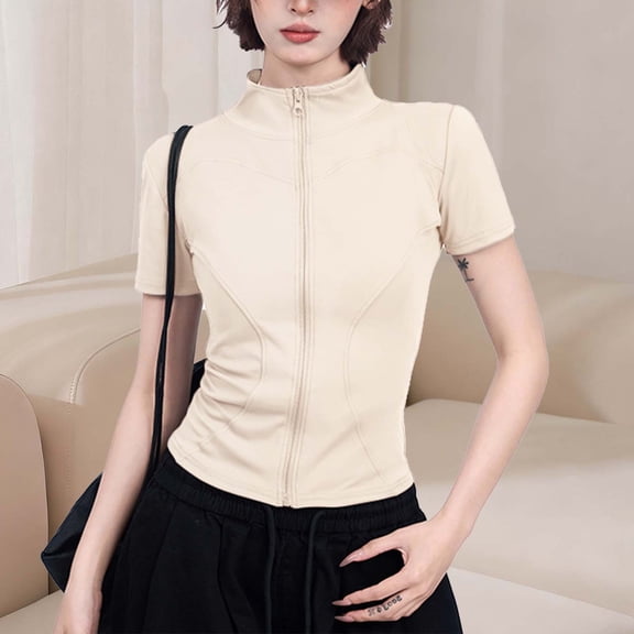 Vmvidoty Women's Short Sleeve Slim Fit Athletic Jacket Full Zip Workout Tops Solid Color Fitness Clothing White M