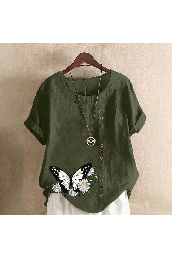 Women's Soft Short Sleeve Tee Women Linen Blouses Loose Pullover Tunic Top Loose Fit Lightweight Tunic Shirts Comfy Casual Vacation Army Green S
