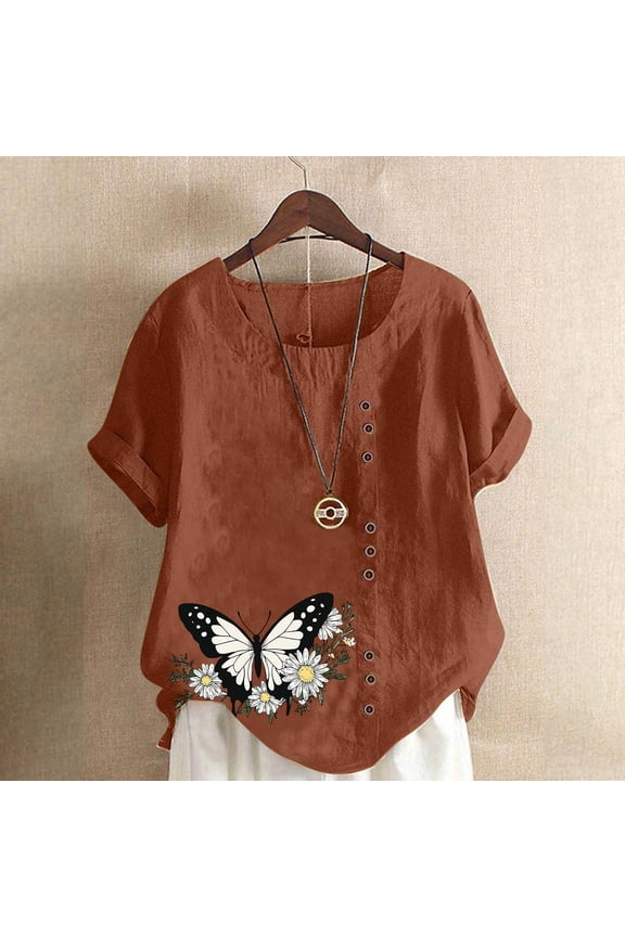Women's Soft Short Sleeve Tee Women Linen Blouses Loose Pullover Tunic Top Loose Fit Lightweight Tunic Shirts Comfy Casual Vacation Coffee S
