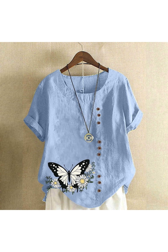 Women's Soft Short Sleeve Tee Women Linen Blouses Loose Pullover Tunic Top Loose Fit Lightweight Tunic Shirts Comfy Casual Vacation Light Blue S