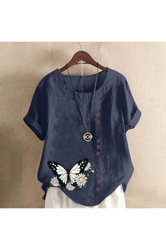 Women's Soft Short Sleeve Tee Women Linen Blouses Loose Pullover Tunic Top Loose Fit Lightweight Tunic Shirts Comfy Casual Vacation Navy S
