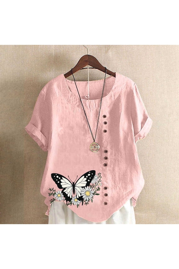 Women's Soft Short Sleeve Tee Women Linen Blouses Loose Pullover Tunic Top Loose Fit Lightweight Tunic Shirts Comfy Casual Vacation Pink S