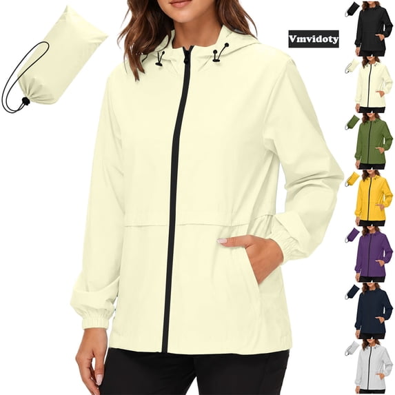 Vmvidoty Women's Solid Color Long Sleeve Hooded Jacket Water-Repellent Windproof With Pockets And Zipper Closure Casual Everyday Wear Khaki S
