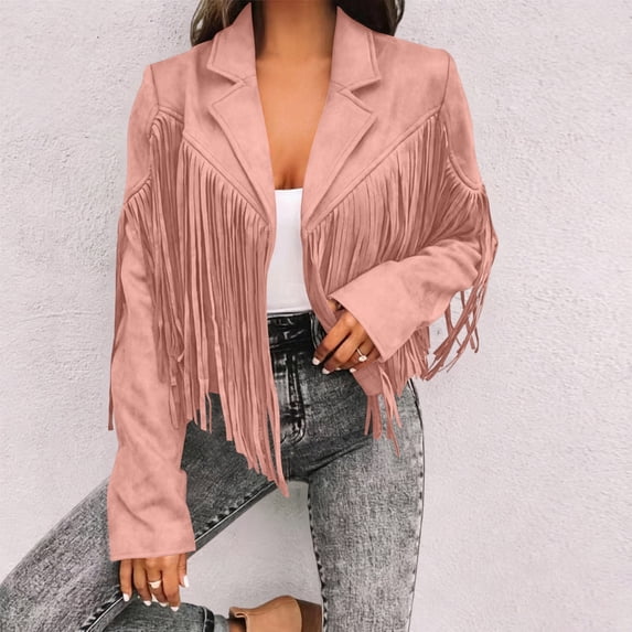 Vmvidoty Women's Suede Fringe Jacket Long Sleeve Slim Faux Leather Boyfriend Cropped Cardigan Coat Fall Fashion Lapel Moto Jackets with Tassles Pink L