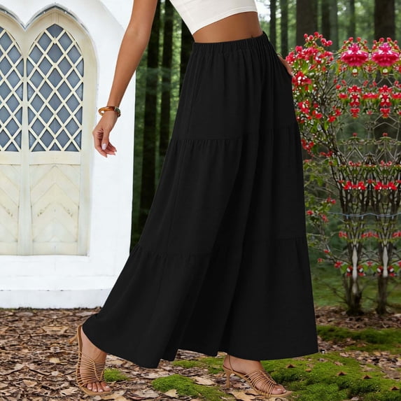 Vmvidoty Women’s Summer Boho Flowy Tiered A-Line Maxi Skirt Elastic Waist Ruffle Beach Long Skirts with Pockets Black M