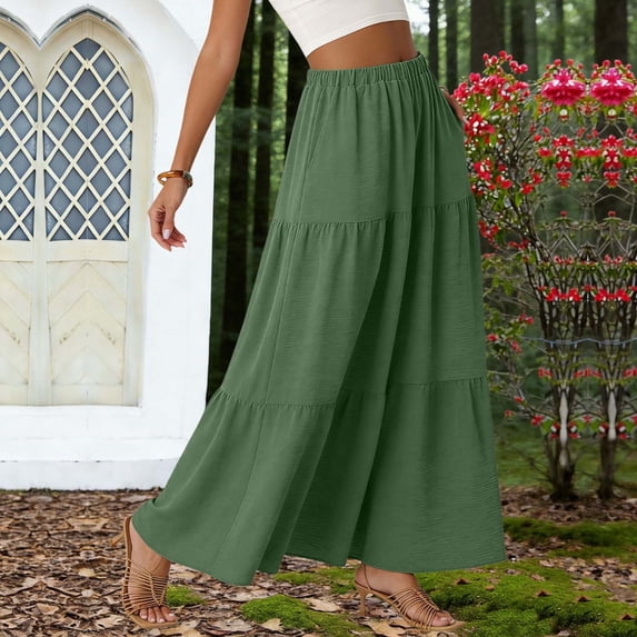 Vmvidoty Women’s Summer Boho Flowy Tiered A-Line Maxi Skirt Elastic Waist Ruffle Beach Long Skirts with Pockets Green XL